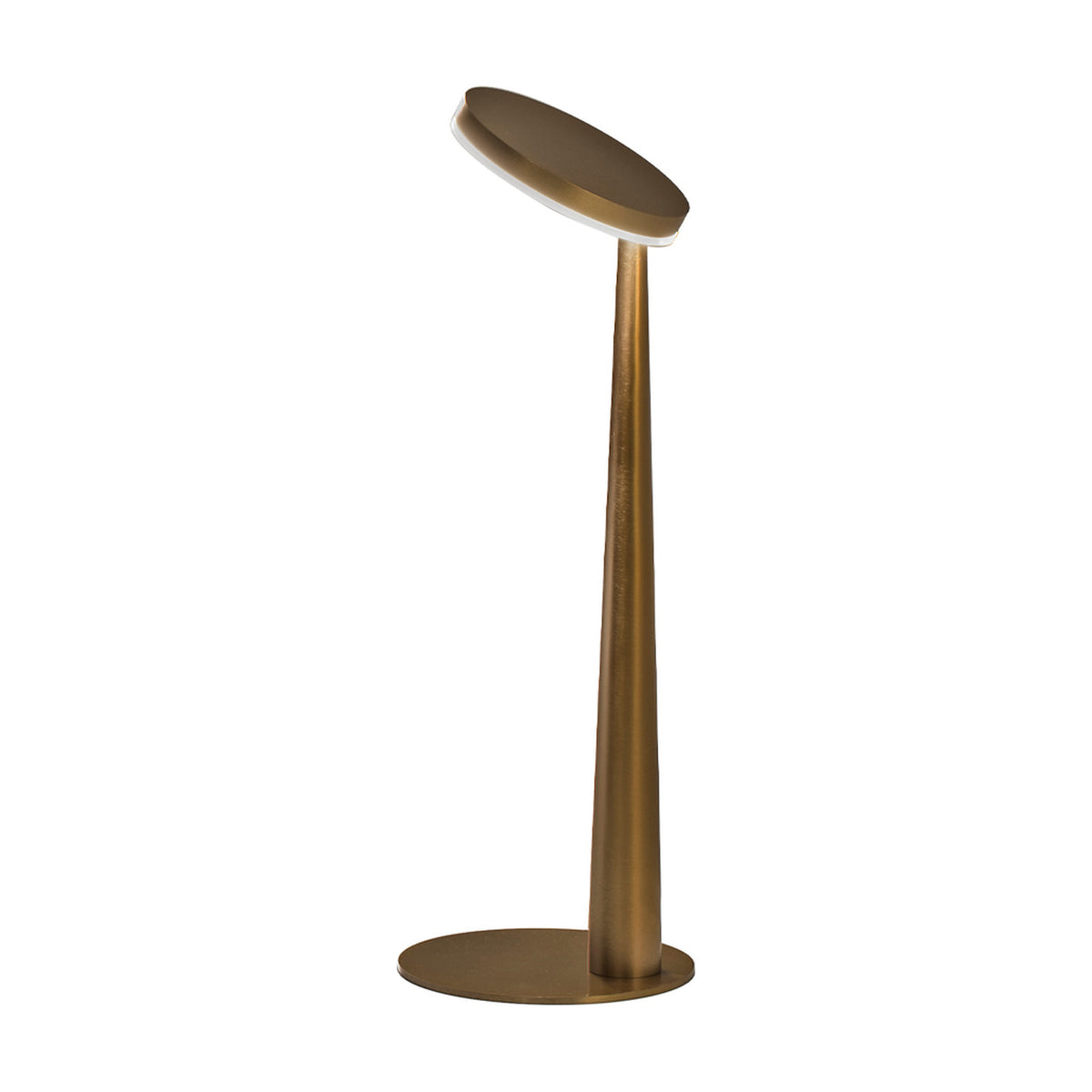 Bella Direct Aluminium LED Table Lamp in Brushed Bronze with round base, tapering stem, and angled disc head, shown on a plain white background.