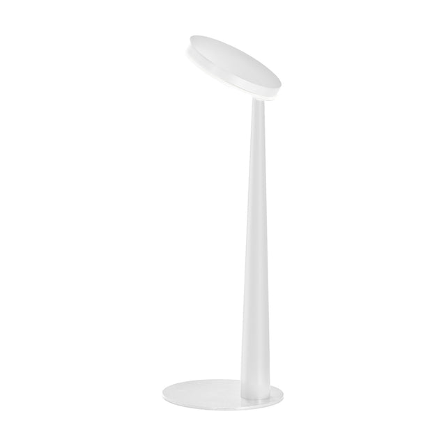 Bella Direct Aluminium LED Table Lamp in white, featuring a round tilted disc head on a slim tapering conical stem with a thin round base, shown on a plain background.