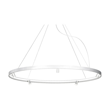 Arena Aluminium Ring LED Pendant Light, a large 194cm circular white pendant with slim profile, integrated LED strip and small spot heads, suspended on fine wires.
