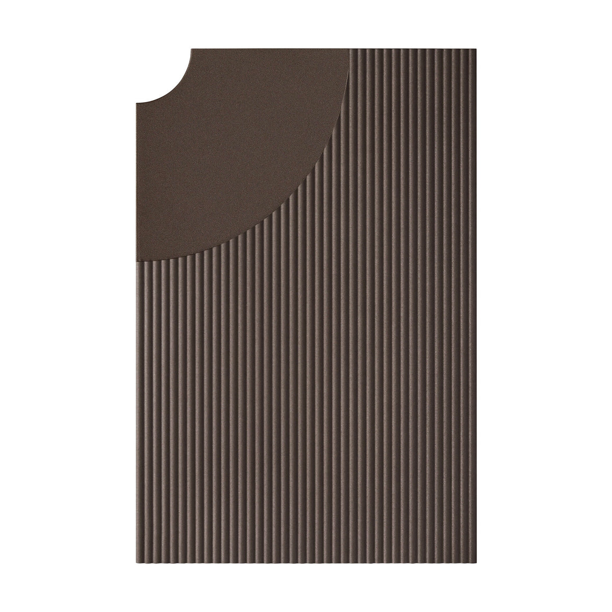 Arid Wall Light Tile in Textured Graphite Brown, a rectangular aluminium panel with fine ribbed texture and a smooth curved cutaway in one corner, shown on a plain white background.