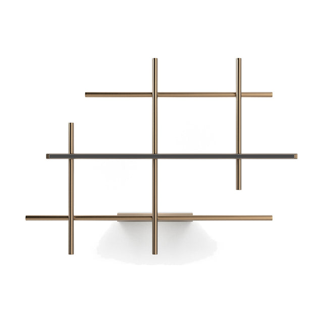 Hilow LED wall light in Brushed Bronze, an open lattice of slim crossing rods with a black diffuser bar running through the centre, shown on a plain white background.