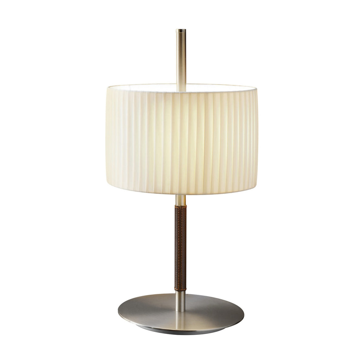 Danona T Ribbon Drum Table Lamp with a pleated cream fabric drum shade, slim satin nickel stem wrapped in dark leather, and a round flat base, on a plain white background.