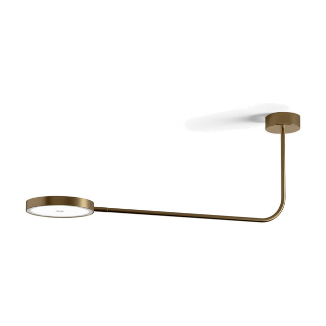 Dip Disc LED ceiling light in brushed bronze, with a round ceiling plate, long curved arm and flat 25cm disc head, shown on a plain white background.