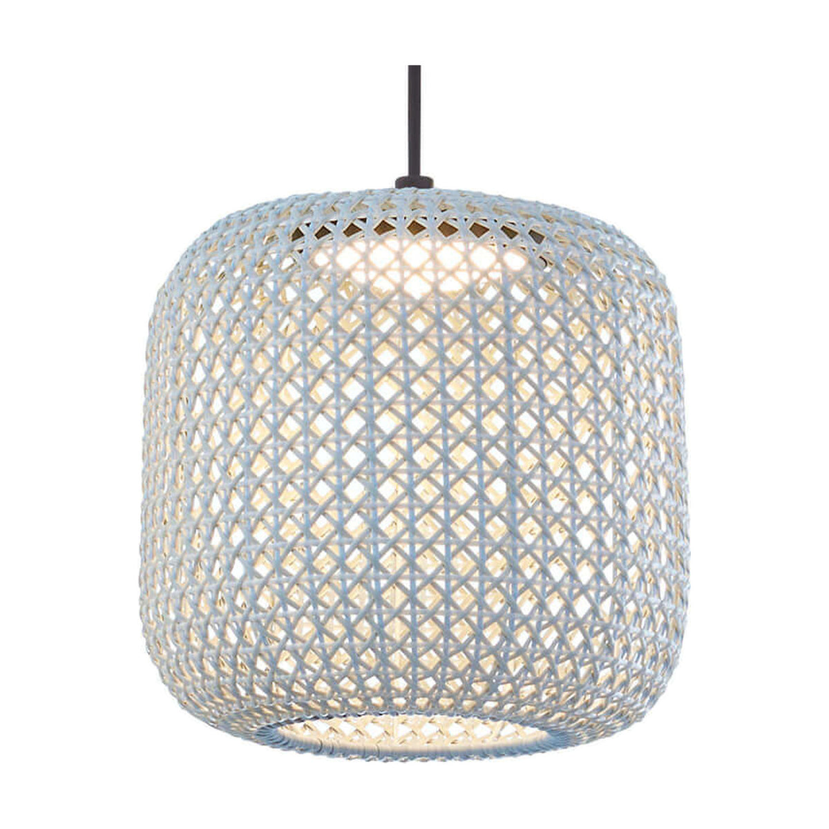 Nans S/31 Outrack outdoor track pendant light with a barrel-shaped woven beige shade in open lattice design, integrated warm white LED, on a plain white background.