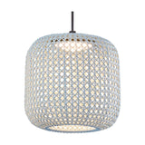 Nans S/31 Outrack outdoor track pendant light with a barrel-shaped woven beige shade in open lattice design, integrated warm white LED, on a plain white background.