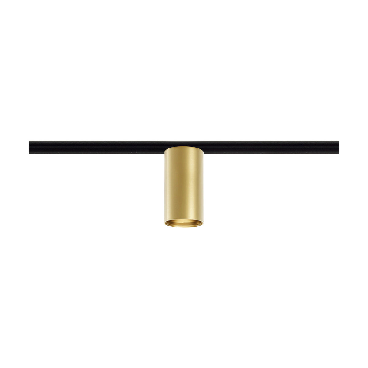 432 Ways Street Cylinder Track Ceiling Light in brushed brass, a slim cylindrical spotlight with integrated LED mounted on a black track, shown on a plain white background.