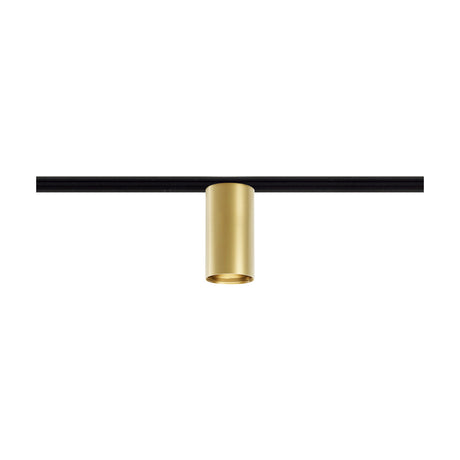 432 Ways Street Cylinder Track Ceiling Light in brushed brass, a slim cylindrical spotlight with integrated LED mounted on a black track, shown on a plain white background.