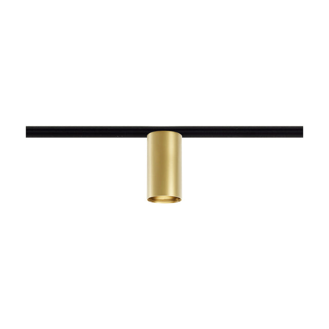 432 Ways Street Cylinder Track Ceiling Light in brushed brass, a slim cylindrical spotlight with integrated LED mounted on a black track, shown on a plain white background.