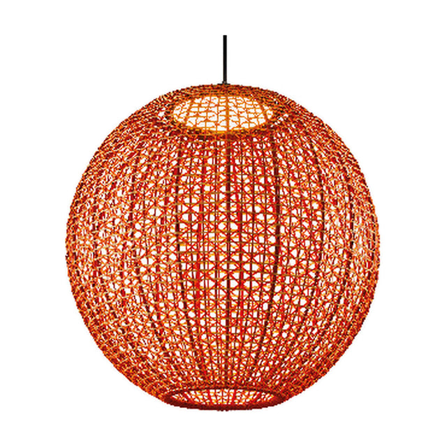 Nans Sphere S/60 Outrack outdoor track pendant light with a large open-woven spherical shade in red, orange and beige on a black suspension cable, shown against a plain white background.