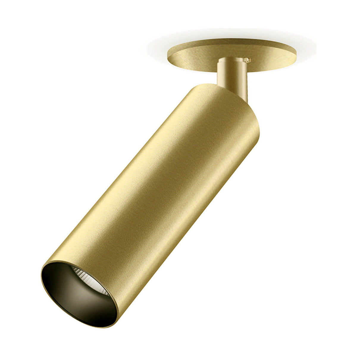 Lola Recessed LED Downlight in Brushed Brass with an adjustable cylindrical head on a round ceiling canopy, shown on a plain white background.
