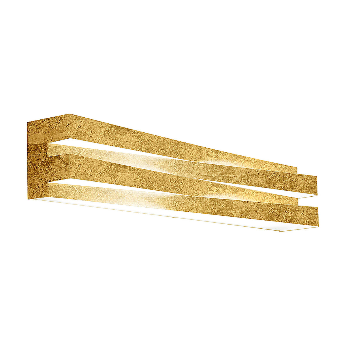 Cross Glass LED Wall Light 60cm in Gold Leaf, a long angled bar with stacked offset bands and glowing white strips beneath, shown on a plain white background.