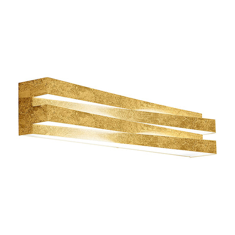 Cross Glass LED Wall Light 60cm in Gold Leaf, a long angled bar with stacked offset bands and glowing white strips beneath, shown on a plain white background.