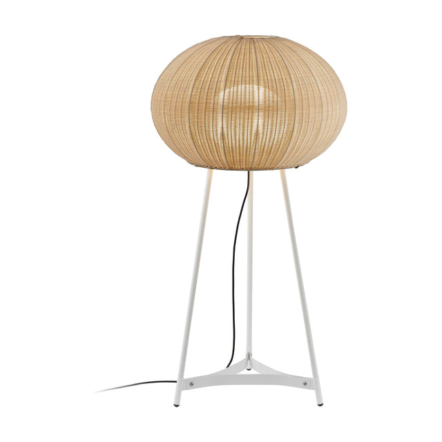 Garota P/02 Globe LED Outdoor Floor Lamp in Ivory White with a wide woven open-pattern globe shade on a slender white tripod base, shown on a plain white background.