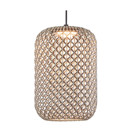 Nans S/31.2 Outrack pendant light with a round woven brown lattice shade, integrated LED bulb visible inside, black suspension cable, on a plain white background.