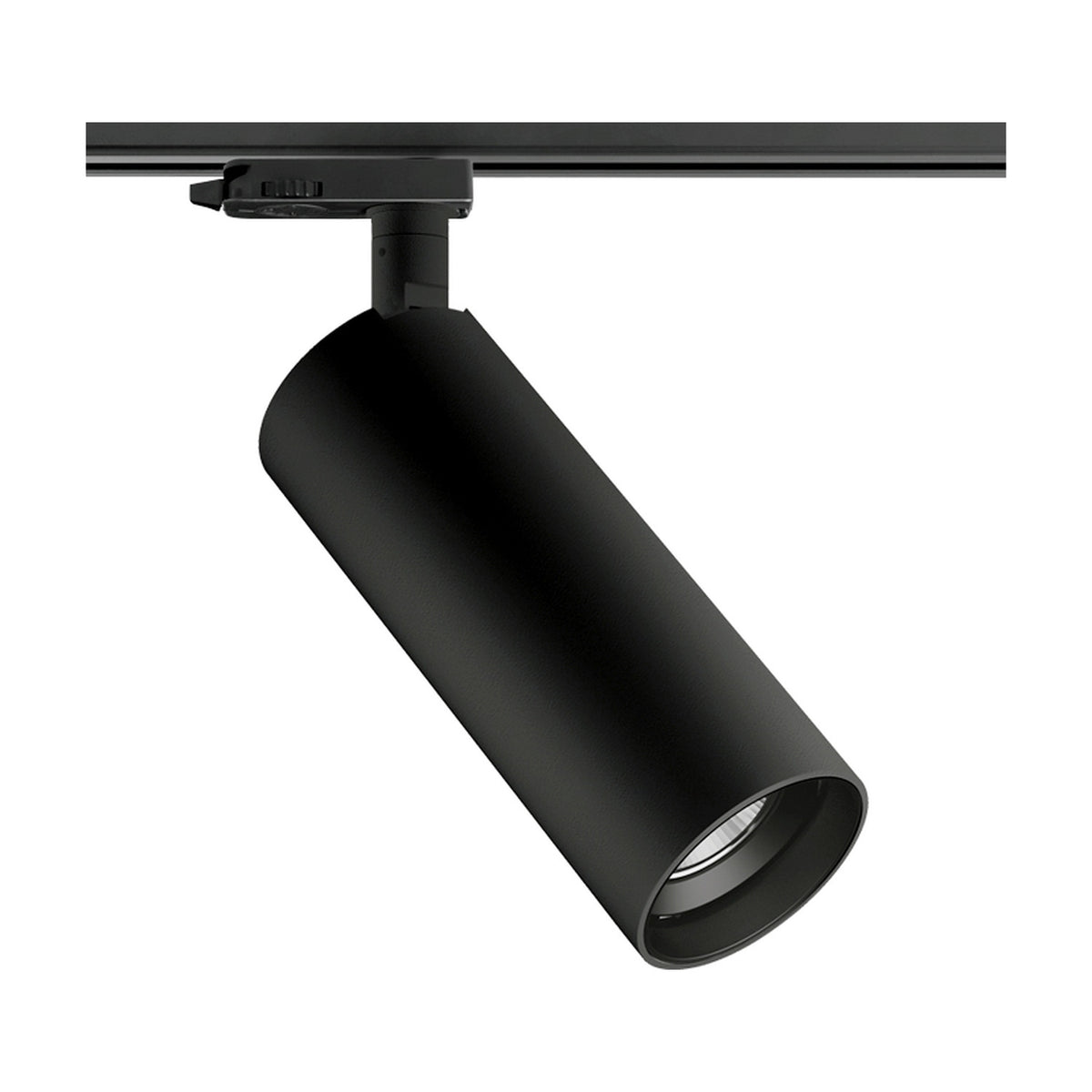 Queens 25 Aluminium LED Track Spotlight in matte black, cylindrical body with integrated LED head on a black track rail, shown on a plain white background.