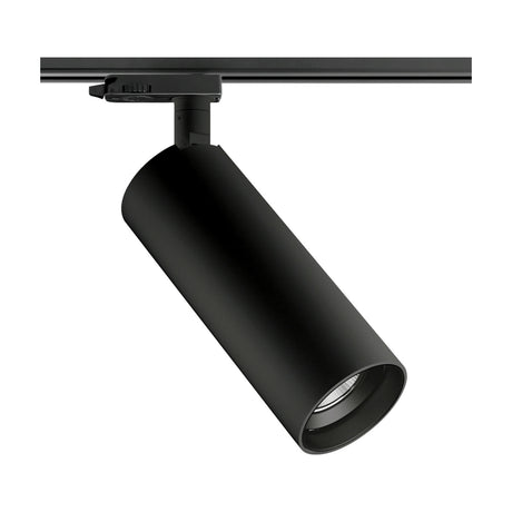 Queens 25 Aluminium LED Track Spotlight in matte black, cylindrical body with integrated LED head on a black track rail, shown on a plain white background.
