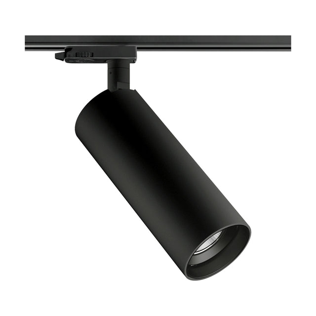 Queens 25 Aluminium LED Track Spotlight in matte black, cylindrical body with integrated LED head on a black track rail, shown on a plain white background.