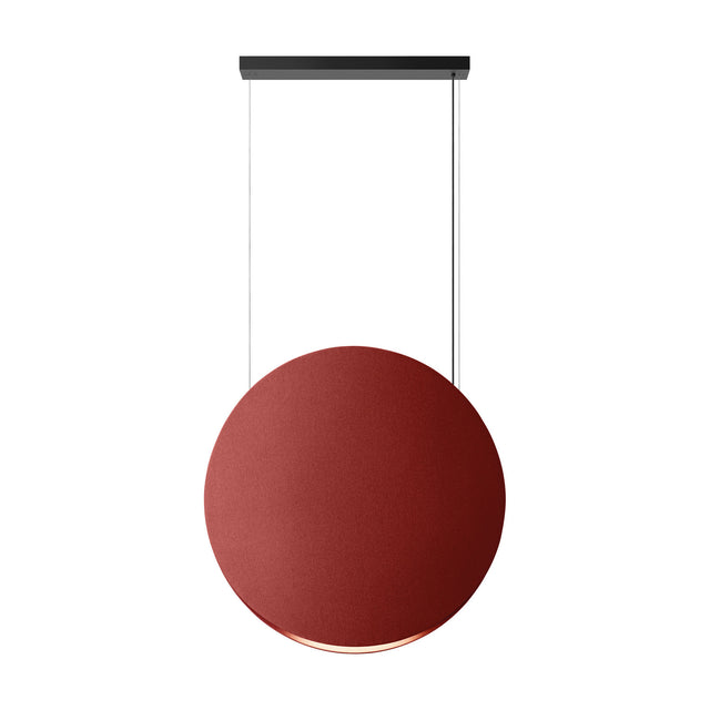 Noren S/100 Fabric Disc LED Pendant Light in terracotta, a large round flat disc suspended on two wires from a black rectangular ceiling canopy, shown on a plain white background.