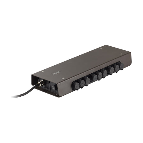 Birdie 24V Connector Box, a long rectangular dark bronze-grey LED driver with multiple capped 24V outlets along one side and a mains cable, shown on a plain white background.