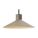 Platet S/20 Aluminium LED pendant light with a shallow cone-shaped shade in olive grey, slim black stem, shown on a plain white background.