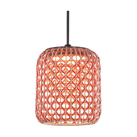 Nans S/16 Outrack pendant light with a woven cylindrical shade in red and beige open lattice fibre, black suspension cable, shown on a plain white background.