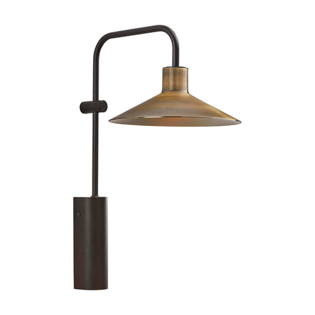 Platet A/02 wall light with an antique brass cone shade on a hooked arm, mounted on a slim black cylindrical base, shown on a plain white background.