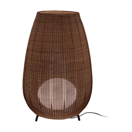 Amphora 03 Rattan LED Outdoor Floor Lamp in brown woven synthetic fibre, tall amphora-shaped shade on three short legs with glowing globe, shown on a plain white background.