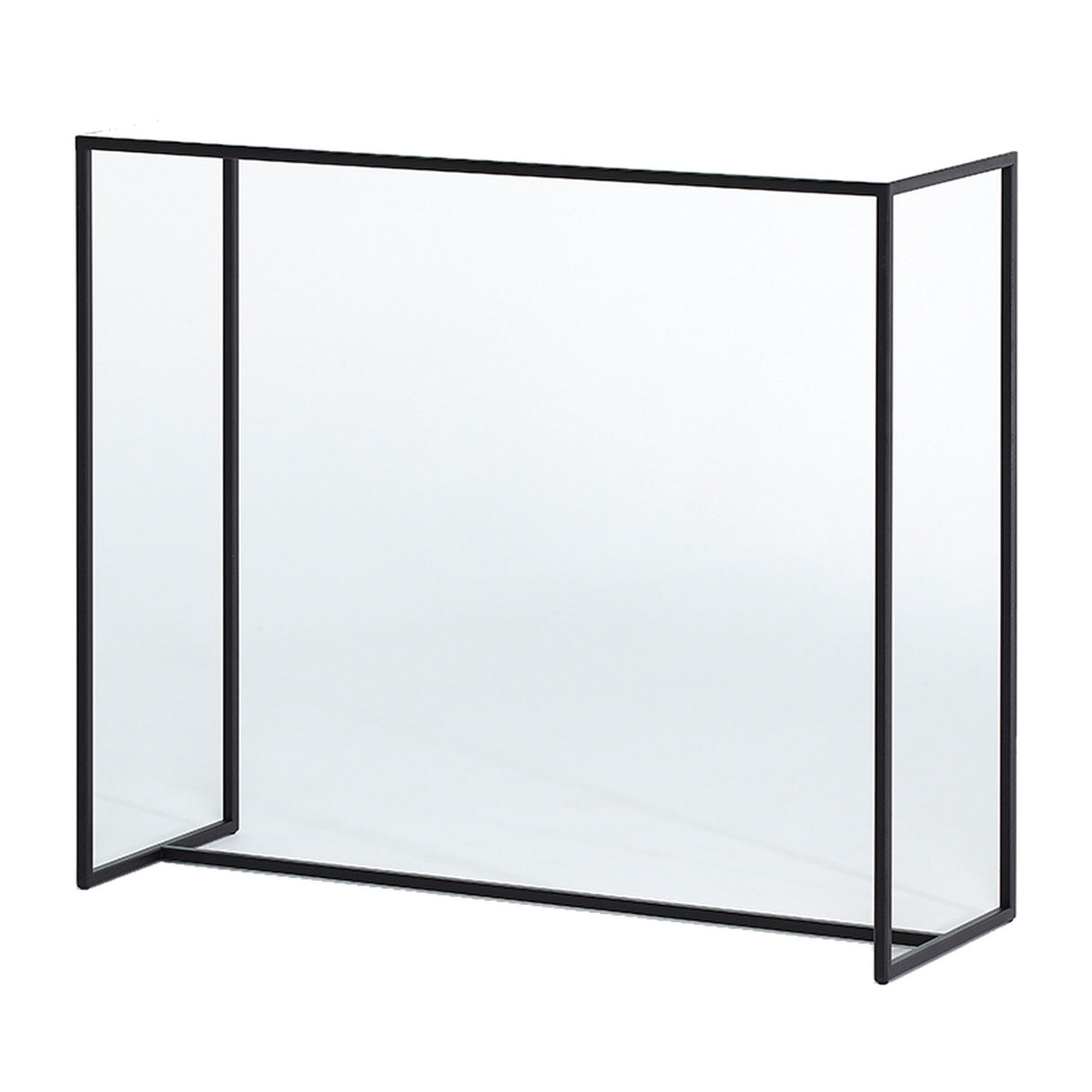 The mirrored glass console table turned slightly to show its depth, the top and side panels carried in a black metal frame.