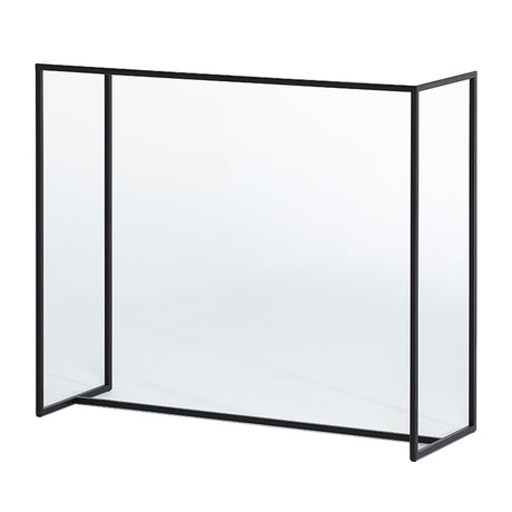 The mirrored glass console table turned slightly to show its depth, the top and side panels carried in a black metal frame.