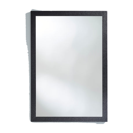Rectangular wall mirror in a wooden frame with a charred black crackled surface, seen straight on against a plain background.