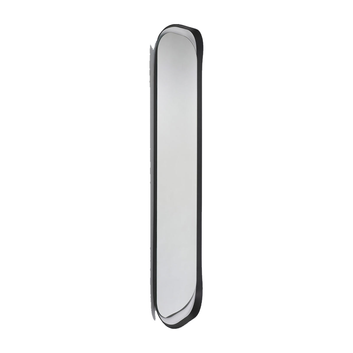 The narrow oval mirror turned to a steep angle, showing the black frame in profile and how far the curve stands off the wall.