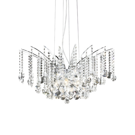 The Aurum Crystal 8 Light Chandelier - Gold features a modern design with cascading strands of clear, faceted crystals. Enhanced by dimmable lighting and a luxurious gold finish, its cluster of lights is surrounded by shiny, elongated crystals, offering a sparkling and elegant appearance against a white backdrop.