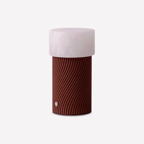 Rizzo LED Alabaster Rechargeable Table Lamp in Cork, with a round white alabaster top and spiral-ribbed wood-effect base, shown on a plain light background.