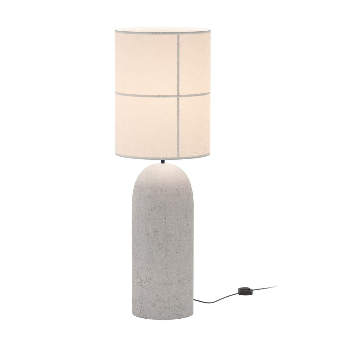 Rania floor lamp with a tall cylindrical white cream fabric shade and a rounded light grey concrete base, shown on a plain white background.