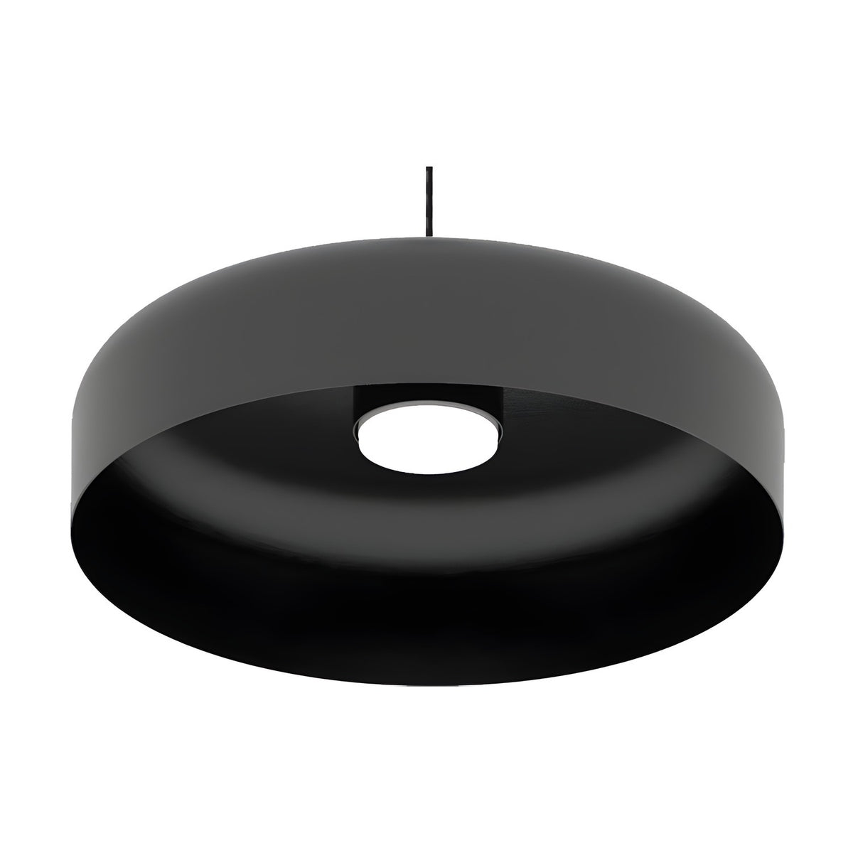 Rea Dome Pendant Light in matt black aluminium, a wide shallow dome with a central GX53 lamp opening, hung on a black cable, shown on a plain white background.