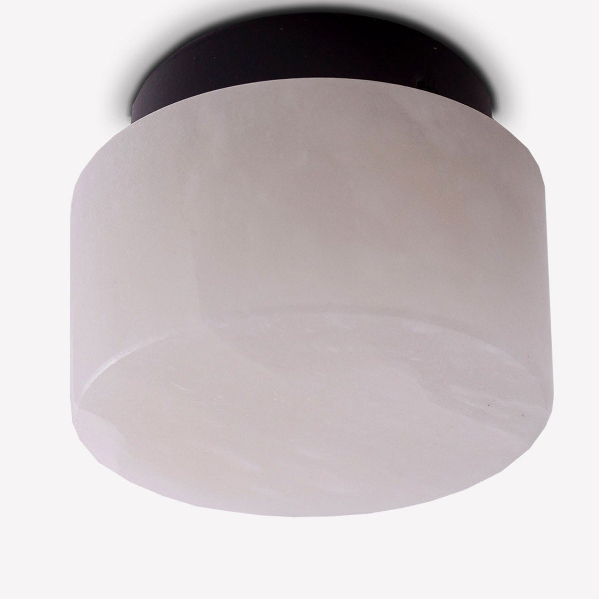 Rock LED Alabaster Drum Flush Ceiling Light with black aluminium base, IP44 rated, shown against a plain white background.