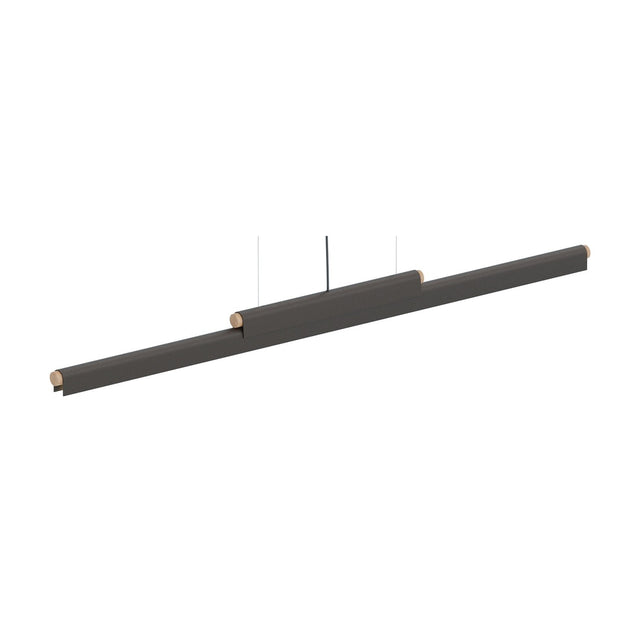 Rudi LED DALI Dimmable Linear Pendant Light in matt black, a slim staggered iron bar with natural wood end caps, shown against a plain white background.