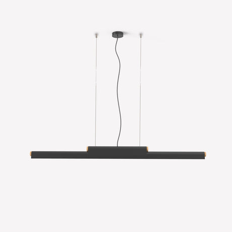 Rudi LED DALI Dimmable Linear Pendant Light in matt black, a slim iron bar with wood end caps, suspended on two cables from a round ceiling rose against a plain white background.