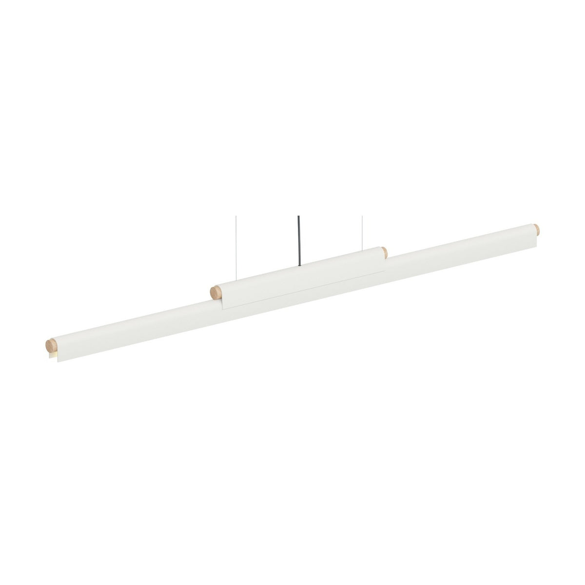 Rudi LED DALI dimmable linear pendant light in matt white, a slim iron tube with a stepped central section and natural wood end caps, suspended on fine wires against a plain white background.
