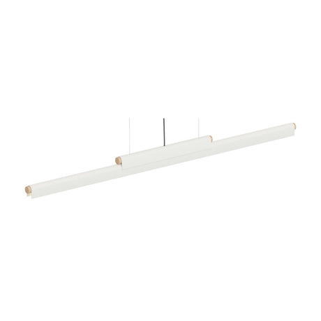 Rudi LED DALI dimmable linear pendant light in matt white, a slim iron tube with a stepped central section and natural wood end caps, suspended on fine wires against a plain white background.