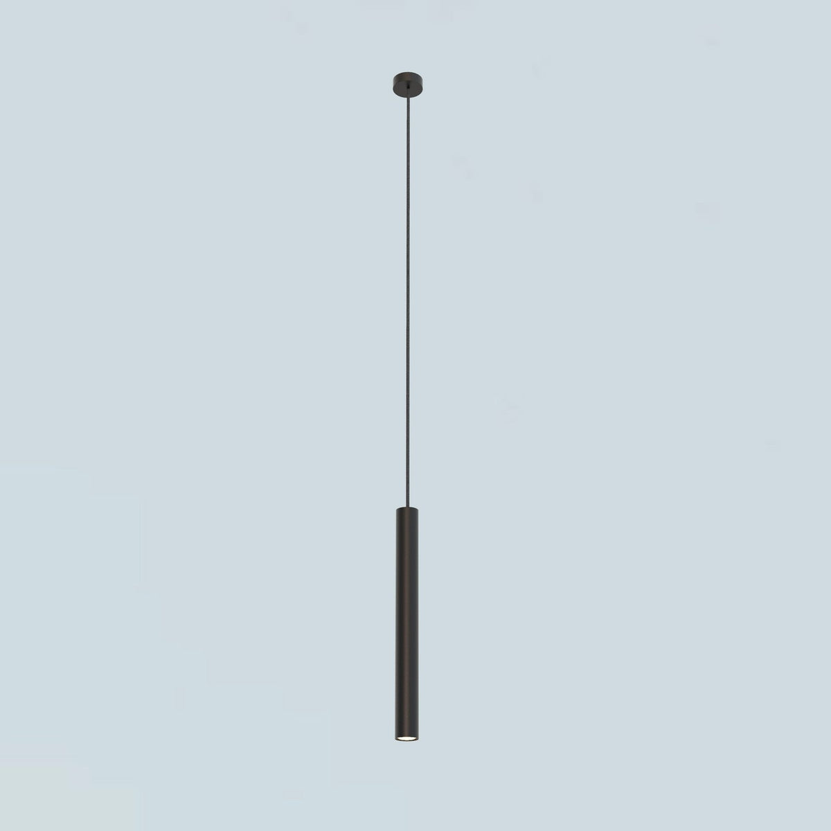 Rose Cylinder Pendant Light in matt black, a slim cylinder shade on a long textile cable with ceiling canopy, GU10 fitting, shown on a plain light background.