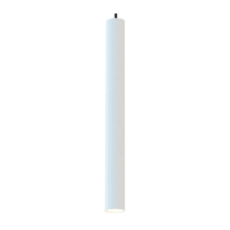 Rose Cylinder Pendant Light in matt white, a slim brass cylinder on a textile cable with round ceiling canopy, light glowing from the open base, shown on a plain white background.