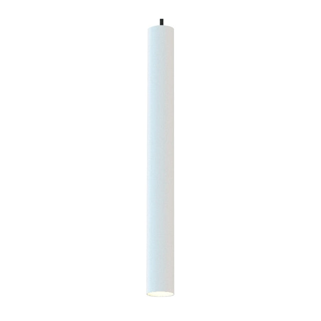 Rose Cylinder Pendant Light in matt white, a slim brass cylinder on a textile cable with round ceiling canopy, light glowing from the open base, shown on a plain white background.
