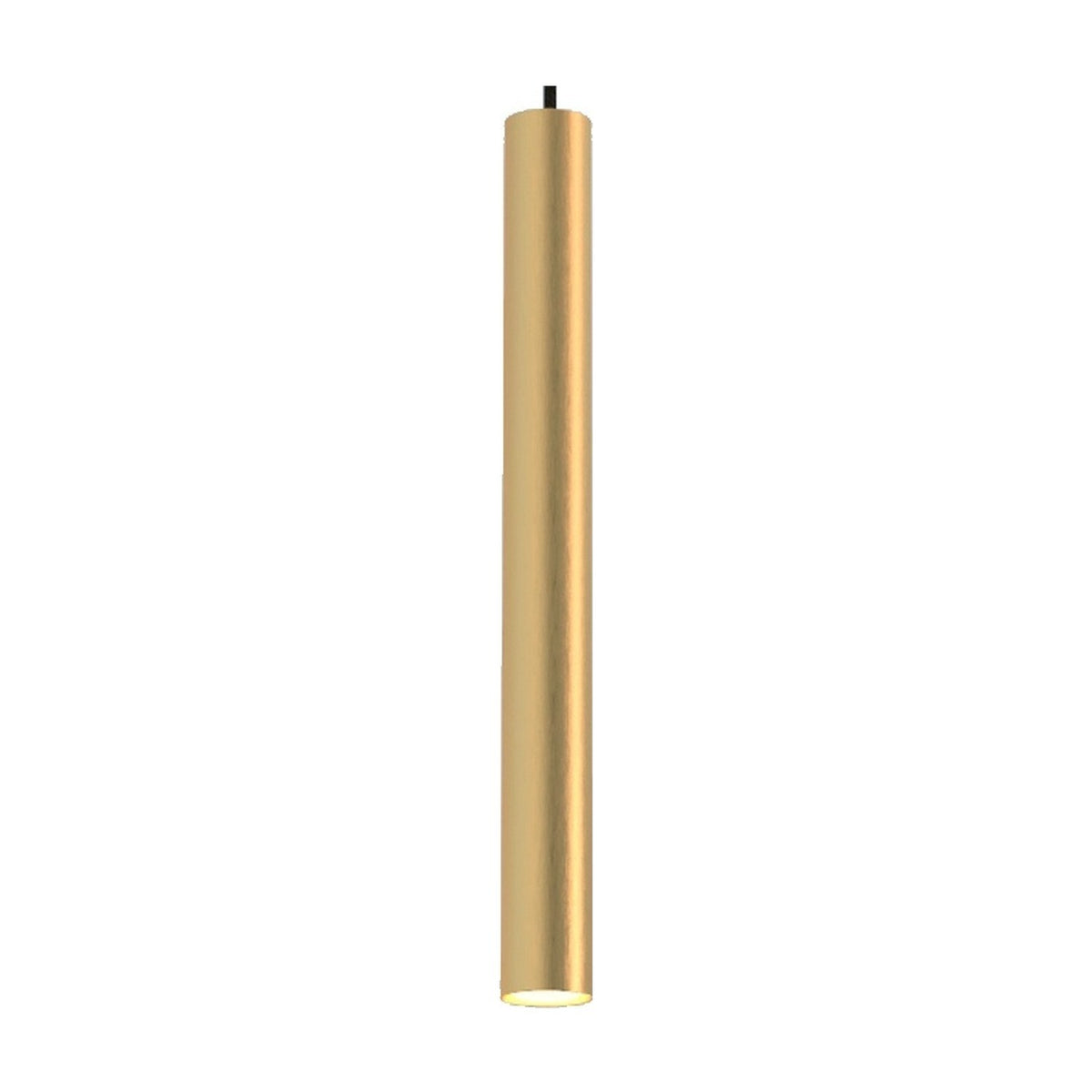 Rose Cylinder Pendant Light in matt polished brass, a slim single tube suspended from a black textile cable, shown against a plain white background.