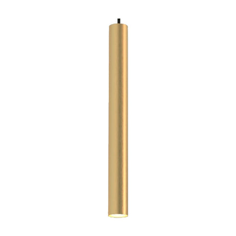 Rose Cylinder Pendant Light in matt polished brass, a slim single tube suspended from a black textile cable, shown against a plain white background.