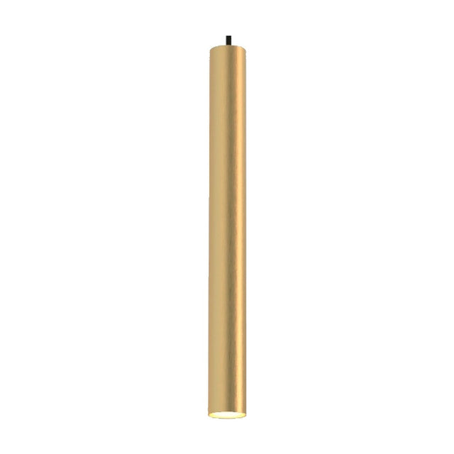 Rose Cylinder Pendant Light in matt polished brass, a slim single tube suspended from a black textile cable, shown against a plain white background.