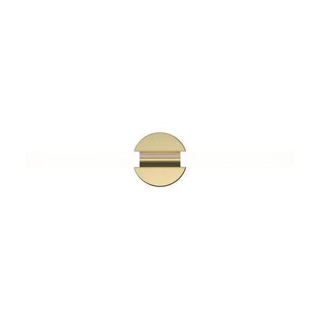 Roos LED Cylinder Disc Wall Light in Gold, featuring a round iron disc with a sandblasted acrylic cylinder bar through its centre, shown on a plain white background.