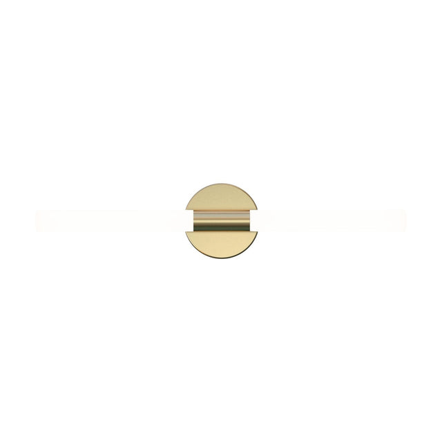 Roos LED Cylinder Disc Wall Light in Gold, featuring a round iron disc with a sandblasted acrylic cylinder bar through its centre, shown on a plain white background.
