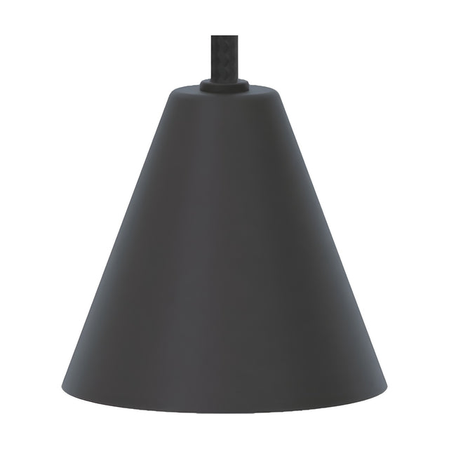 Rimini LED Cone DALI Dimmable Pendant Light in matt black, featuring a conical iron shade and black textile cable, shown on a plain white background.