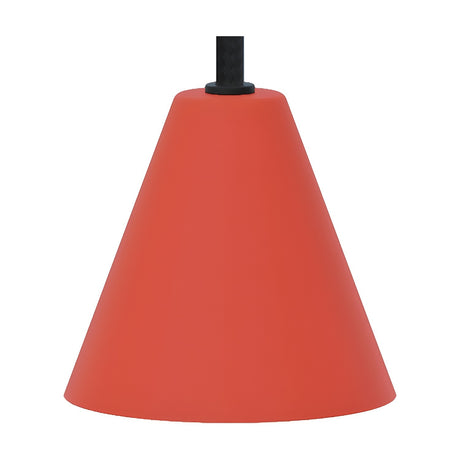 Rimini LED Cone DALI Dimmable Pendant Light in red, featuring a matte iron cone shade with black textile cable, shown on a plain white background.